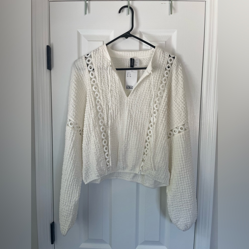H&M White Textured Hoodie with Eyelet Details